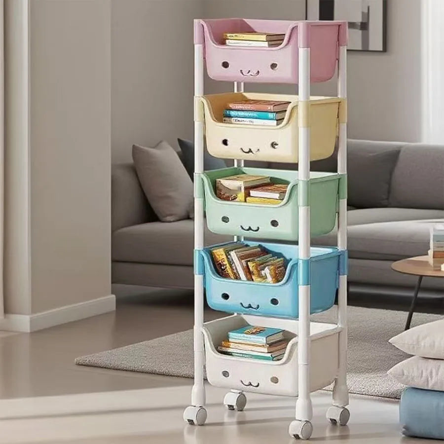 Hign-Concerned 5 Tier Cartoon Rolling Storage Rack Books