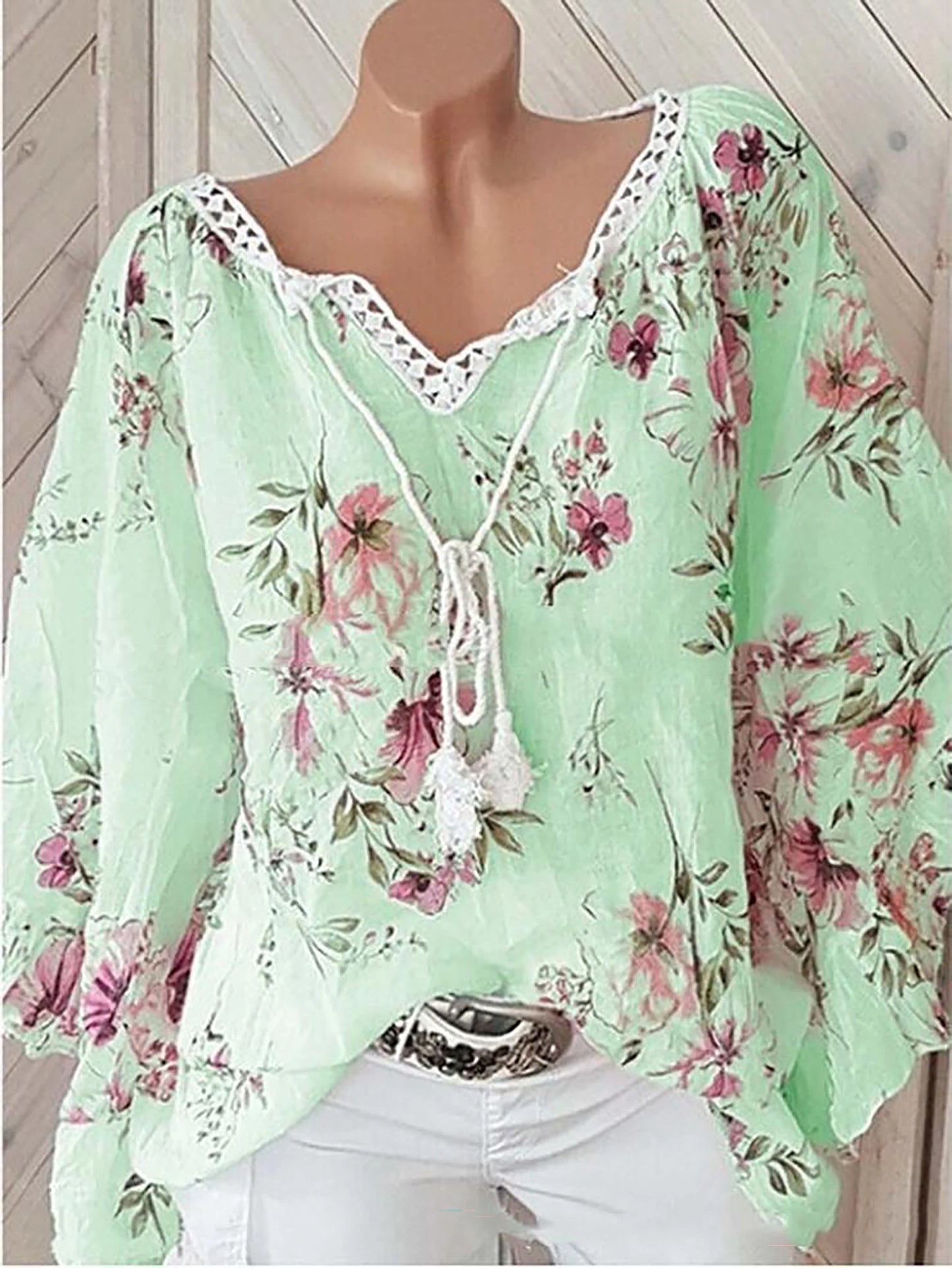 2024 Europe and the United States spring and summer new women's top V-neck splicing print large size long-sleeved shirt women