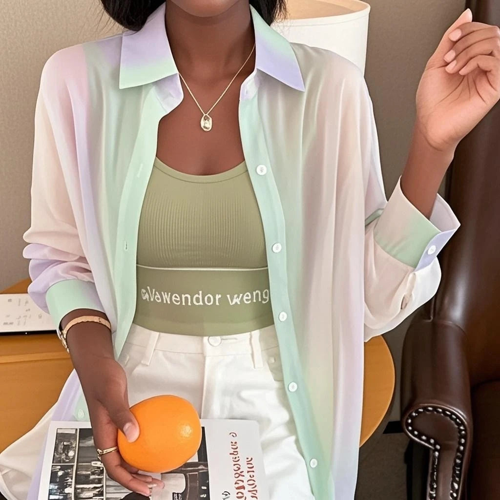 SUYISODACN See Through Gradient Rainbow Long Sleeve Shirt Women Loose Top Casual Fashion