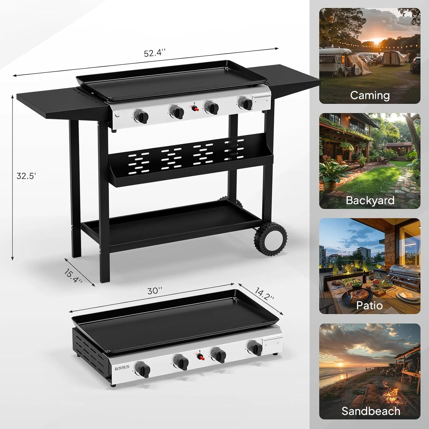 4 Burner Portable Propane Griddle with Nonstick Enameled Tray, 40000 BTU Rolling Flat Top Gas Grill with Electronic Ignition