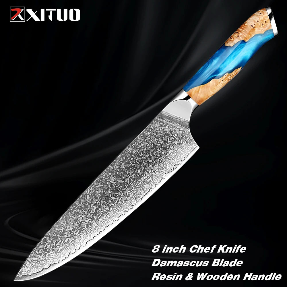 Damascus Steel Chef Knife Set 1-7PCS Ultra Sharp Japanese Kitchen Knives - Santoku Chef Knife, Cleaver, Boning, Fruit Knives