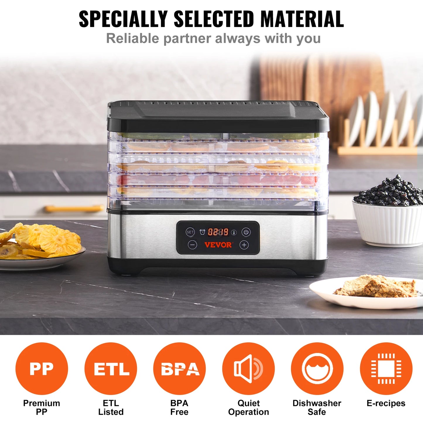 VEVOR 5 Tray Food Dehydrator Machine 300W Digital Timer
