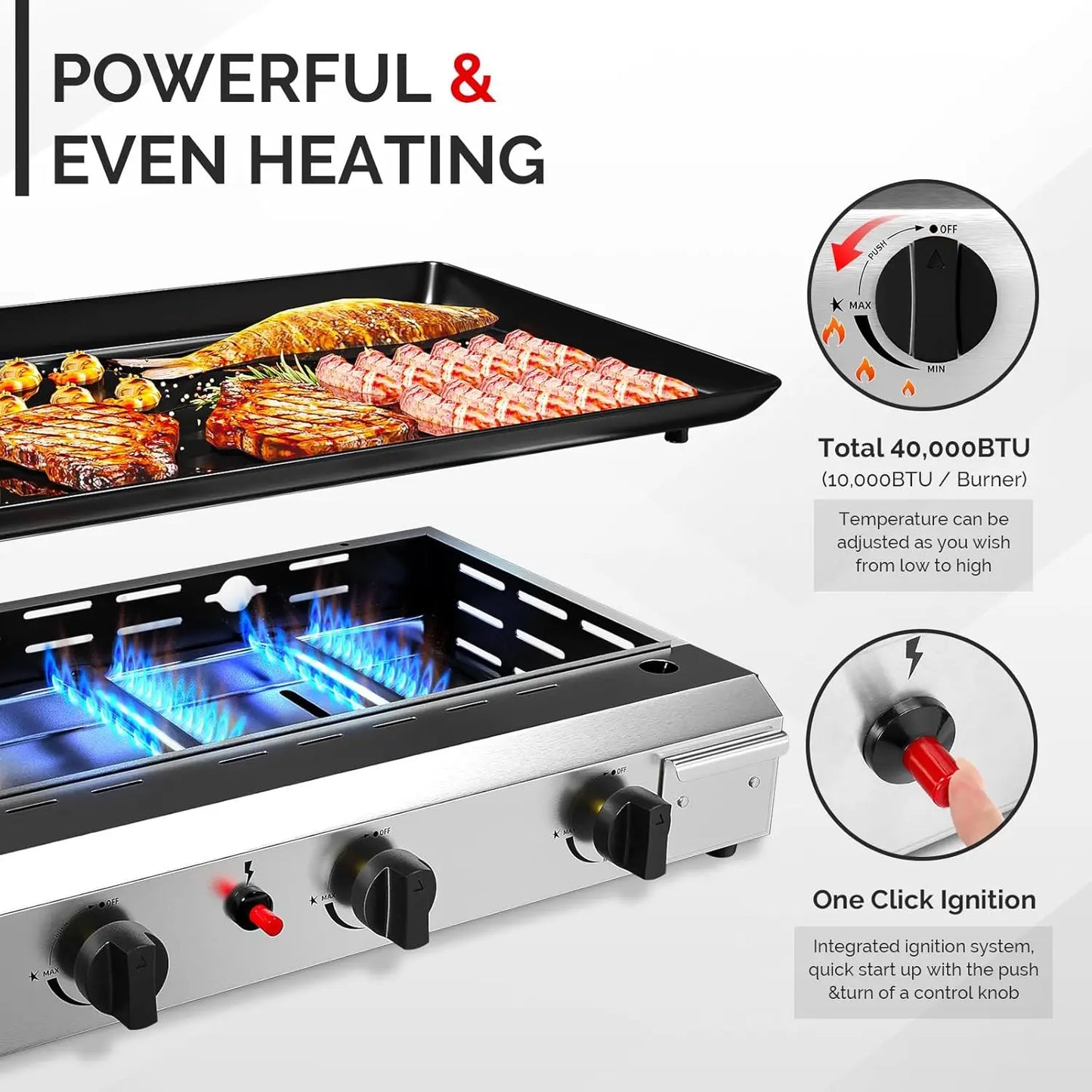 4 Burner Portable Propane Griddle with Nonstick Enameled Tray, 40000 BTU Rolling Flat Top Gas Grill with Electronic Ignition