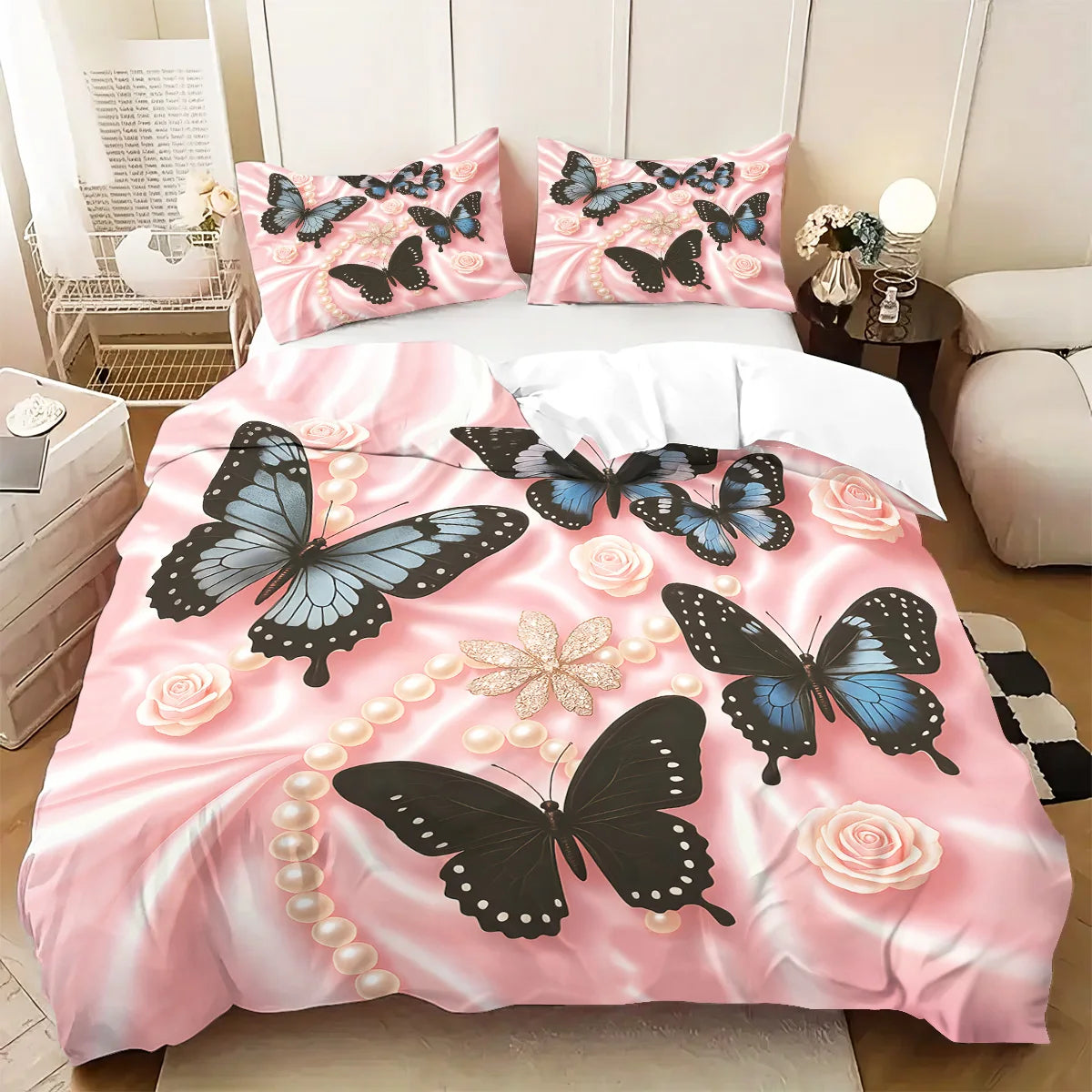 3pcs Pink butterfly pattern bedding set, 1*quilt cover+2*pillowcase, suitable for girls and women bedroom, birthday gift