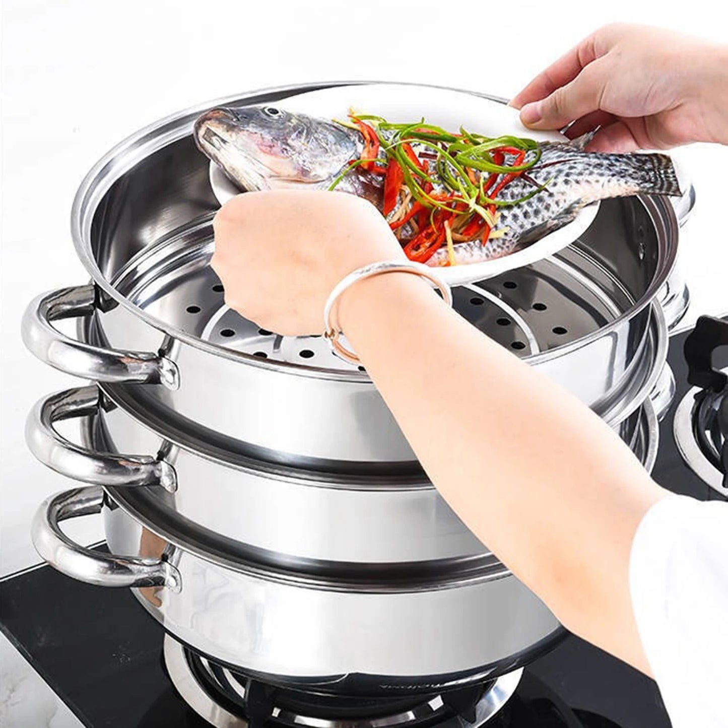 Feature Stainless Steel 3 Tier Food Steamer Pot Kitchen