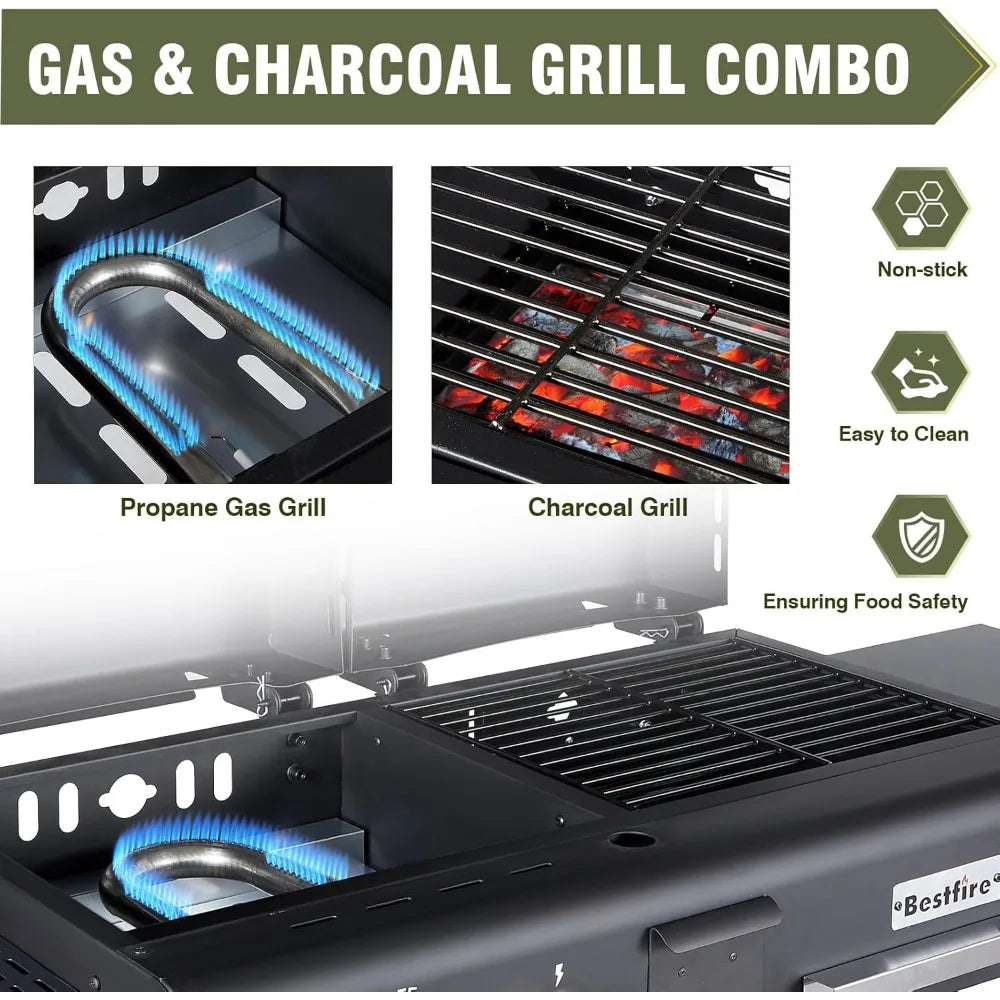 Bestfire Dual Fuel Propane Gas Charcoal Grill Combo Black Dual Lids, Flat Top Grill With 2 Side Shelves for BBQ, Outdoor and Bac