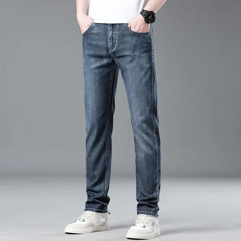 New Men's Thin Lyocell Jeans Soft Business Stretch Fashion Trousers Slim Brand Casual Elasticity Denim Pants Male Clothes
