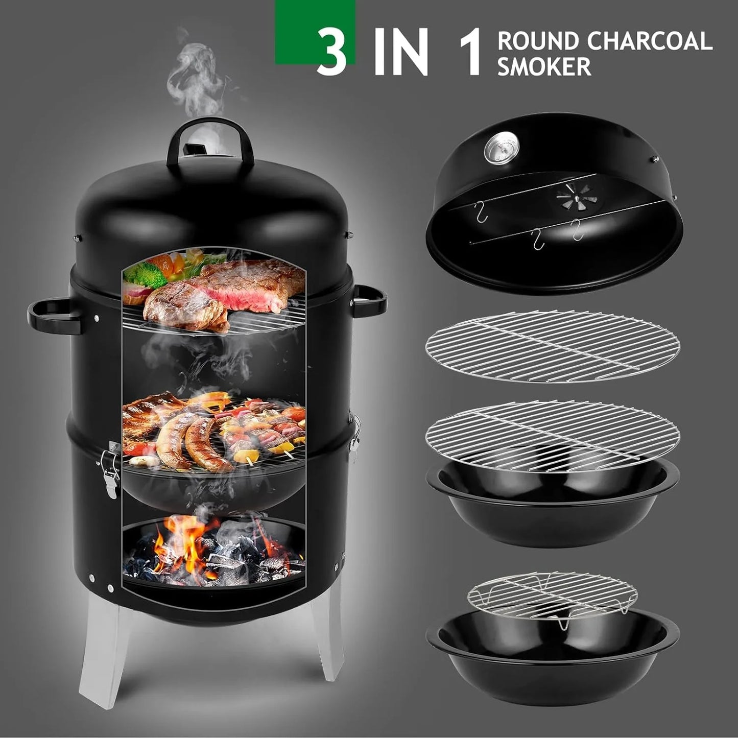 Vertical 18.5 Inch Steel Charcoal Smoker, Heavy Duty 3-in-1 Portable Outdoor Grill Cooker with Built-in Thermometer for Outdoor