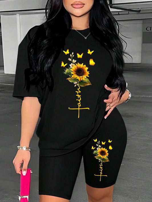 Sunflower Butterfly Beautiful Printing Women T Shirts Two Piece Set Fashion Short Sets Comfortable Breathable Shirt Shorts New