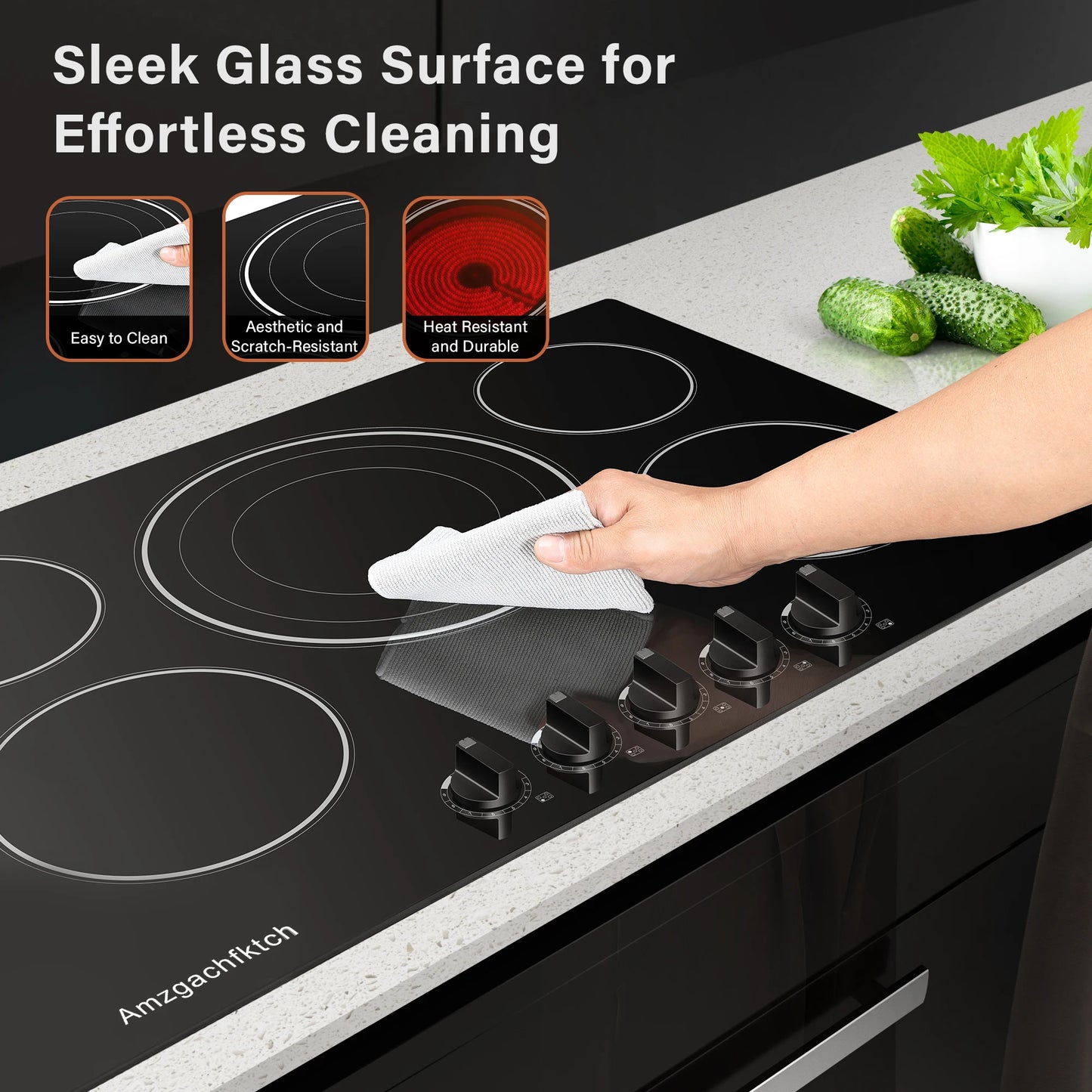 30" Built-in Electric Cooktop 5 Burner 9000W Ceramic Stove with Expandable Triple Ring & Residual Heat Indicator ETL Certified