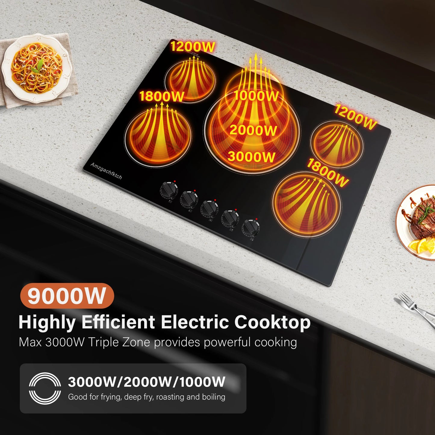 30" Built-in Electric Cooktop 5 Burner 9000W Ceramic Stove with Expandable Triple Ring & Residual Heat Indicator ETL Certified