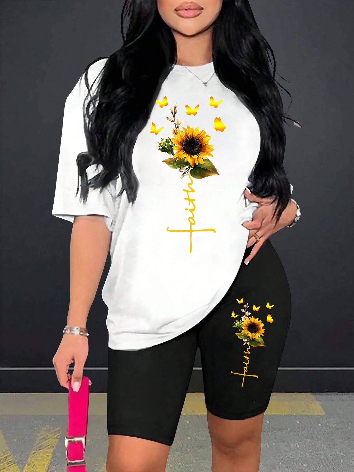 Sunflower Butterfly Beautiful Printing Women T Shirts Two Piece Set Fashion Short Sets Comfortable Breathable Shirt Shorts New