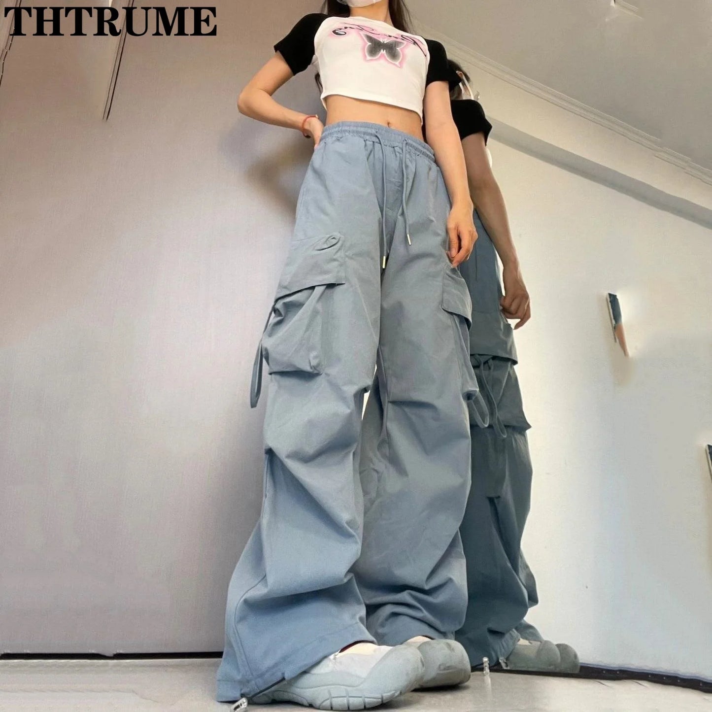 THTRUMECN Retro Vintage High Street Baggy Pants Oversized Drawstring Pocket Casual Streetwear Joggers