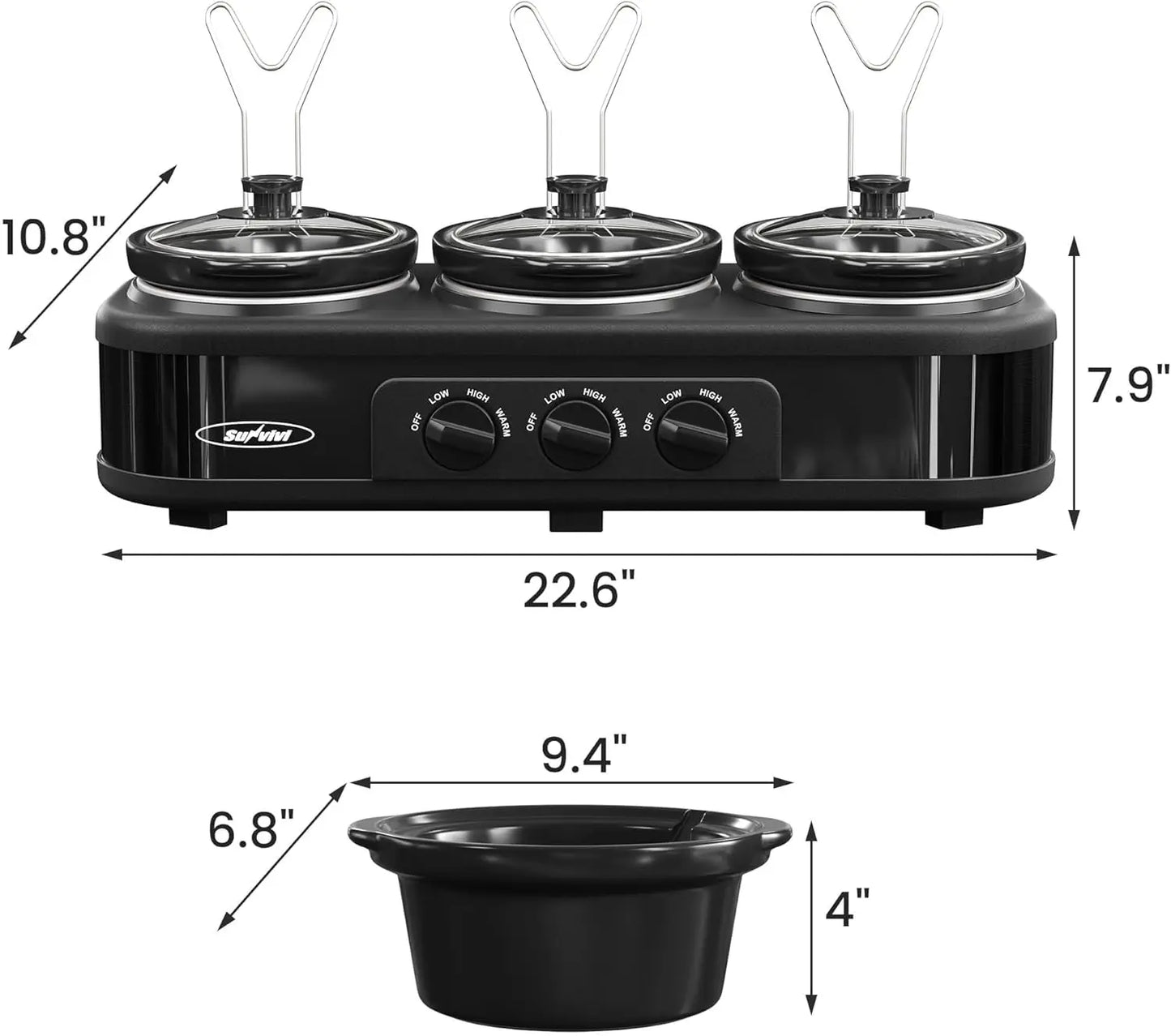 Triple Slow Cooker Buffet Servers and Warmer,3 Pot Food Small Mini Manual Slow Cooker with Adjustable Temp Stainless Steel Lid R