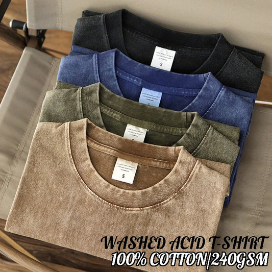 240G High Quality Men Clothes Washed T-Shirts Korean Y2k Short Sleeve T Street Retro Vintage Solid Cotton Oversized Hip Hop Punk