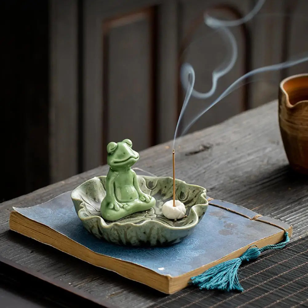 Meditation Frog Incense Stick Holder Ceramic Lotus Burner