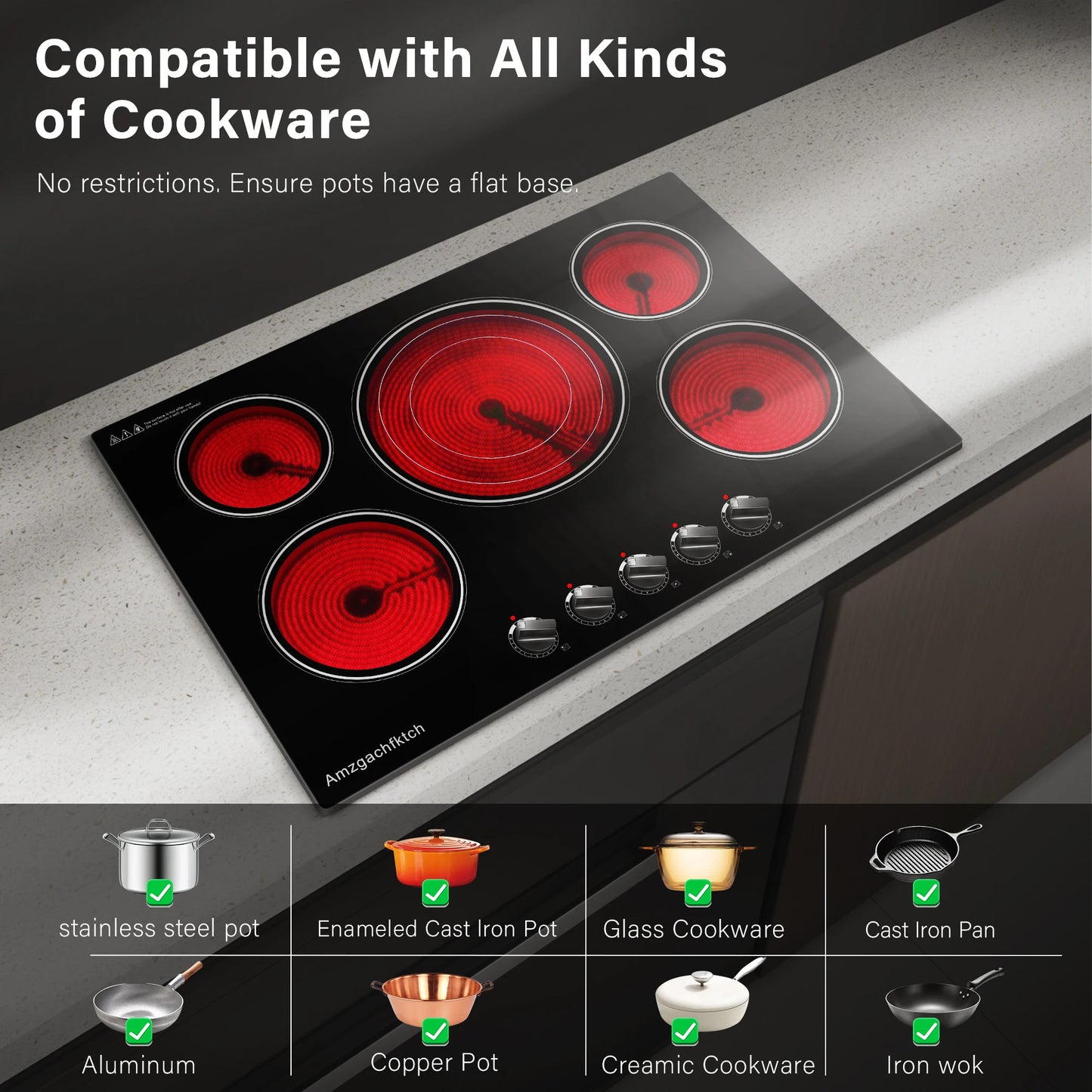 30" Built-in Electric Cooktop 5 Burner 9000W Ceramic Stove with Expandable Triple Ring & Residual Heat Indicator ETL Certified