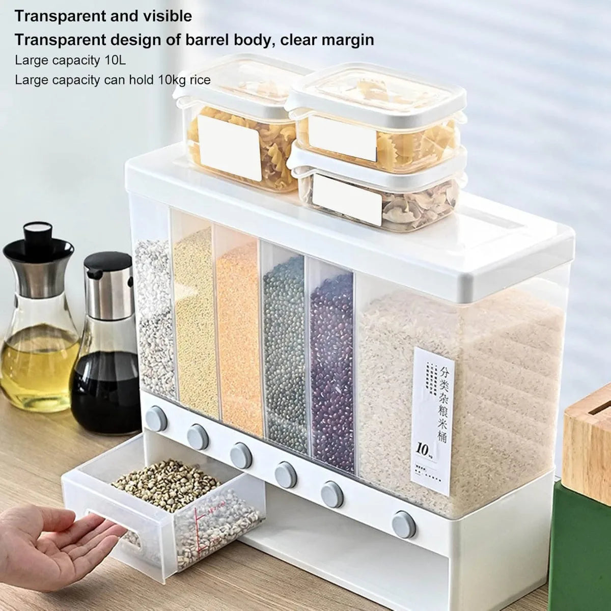 Wall Mounted Cereal Dry Food Dispenser 10L for Kitchen Pantry Organization Containers for Rice Dispenser with Measuring Cup