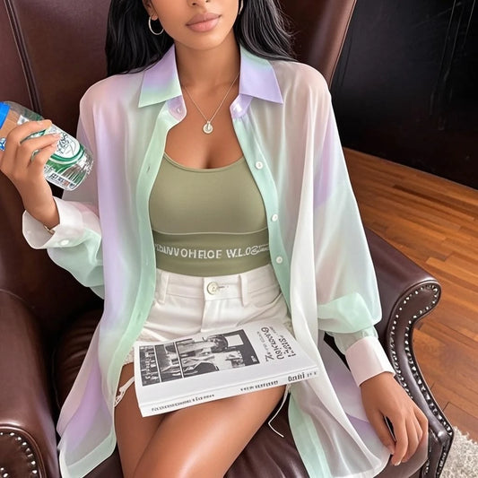 Irregular Gradient Rainbow Long Sleeved Shirt And Blouses Thin Youthful Women's Clothing Loose Top Pink Casual Transparent New