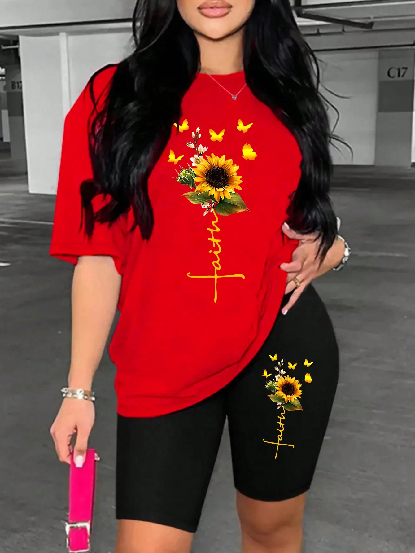 Sunflower Butterfly Beautiful Printing Women T Shirts Two Piece Set Fashion Short Sets Comfortable Breathable Shirt Shorts New