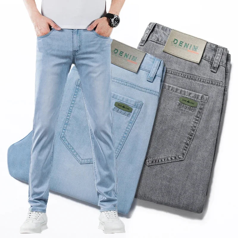 New Men's Thin Lyocell Jeans Soft Business Stretch Fashion Trousers Slim Brand Casual Elasticity Denim Pants Male Clothes